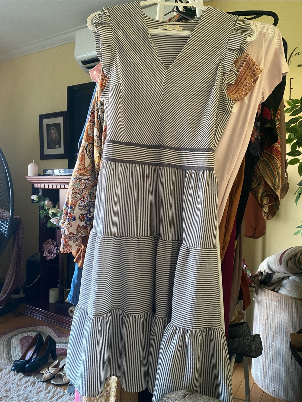 Striped V-Neck Tiered Midi Dress - Black & White